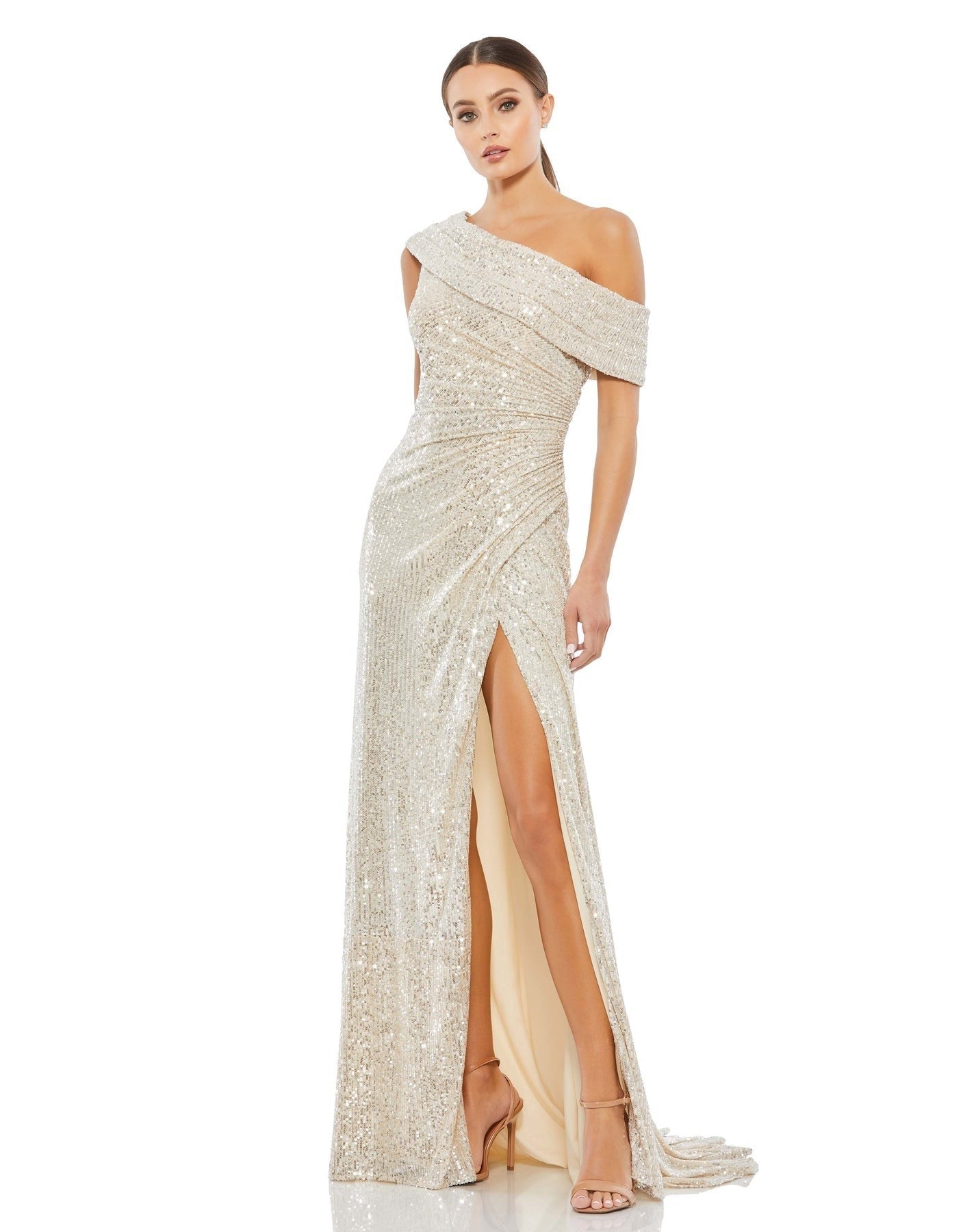 2025 popular hot-selling summer fashion sequins temperament diagonal collar high split celebrity dress dress (4 colors)