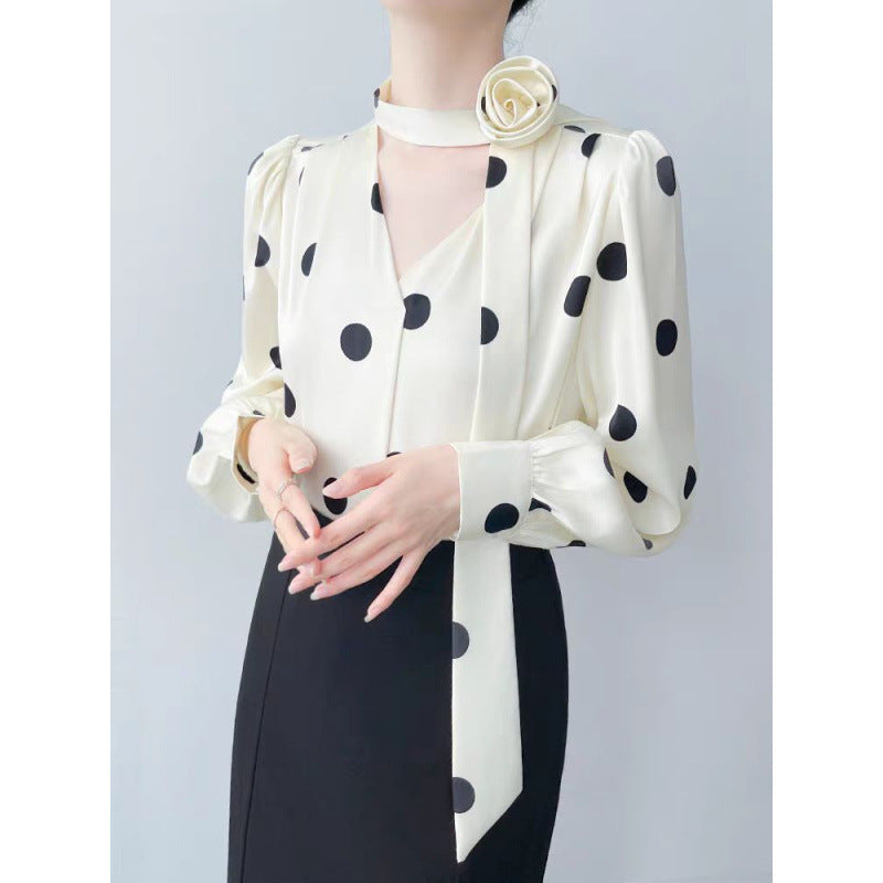 Satin shirt women's autumn 2025 new high-end long-sleeved polka dot top design commuter women's clothing