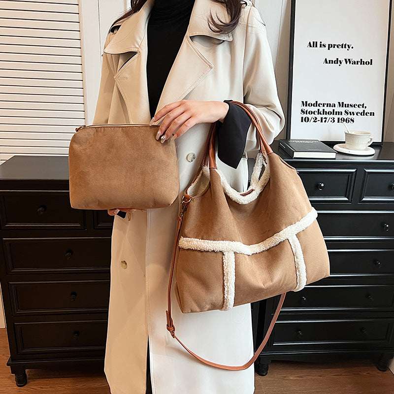 BENPAOLV 2025 Bag women's autumn and winter popular fashion splicing large-capacity tote bag texture casual shoulder messenger bag