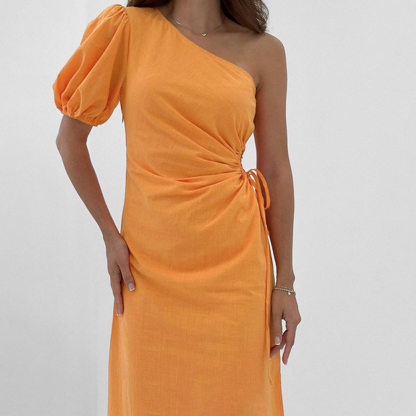 2025 Orange cotton and linen irregular collar bubble sleeve split high waist dress popular spring fashion new women