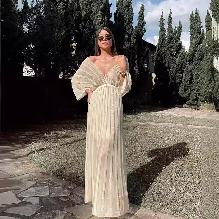 Popular trade new women's dress wish white V-neck shawl sleeve dress