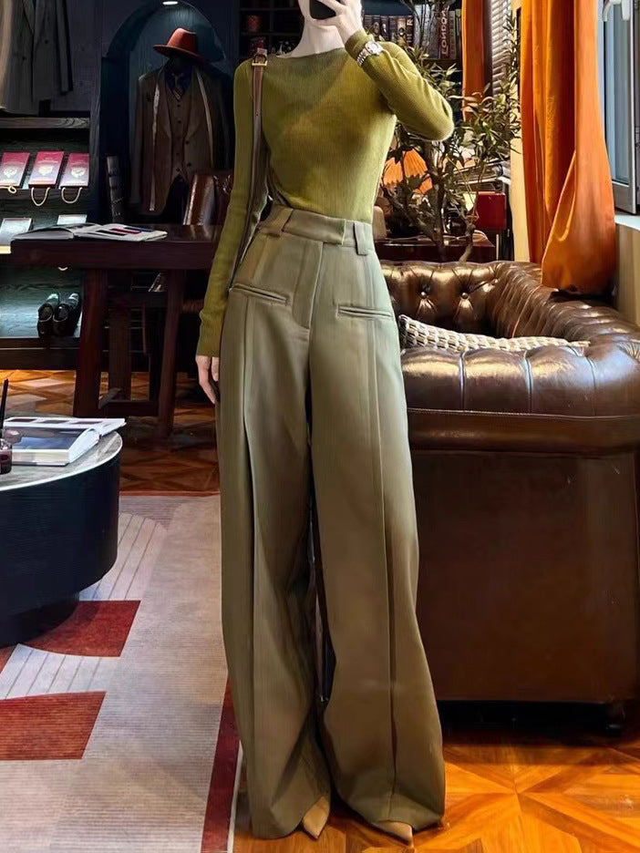 2025 Spot wide-leg pants autumn new women's clothing one-word shoulder long-sleeved knitted top wear two-piece suit