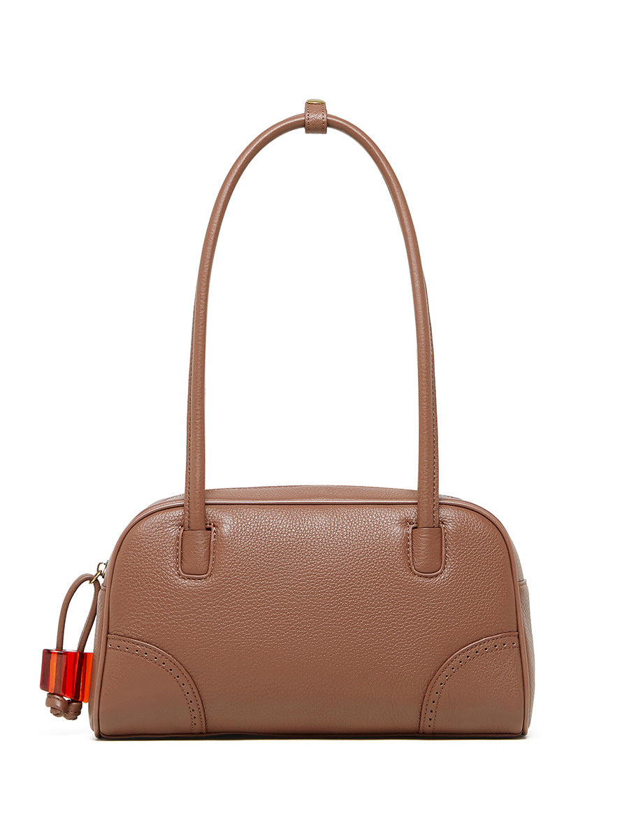 2025 Fashion large-capacity cowhide women's bag popular new niche design handbag first-layer cowhide commuter bowling bag