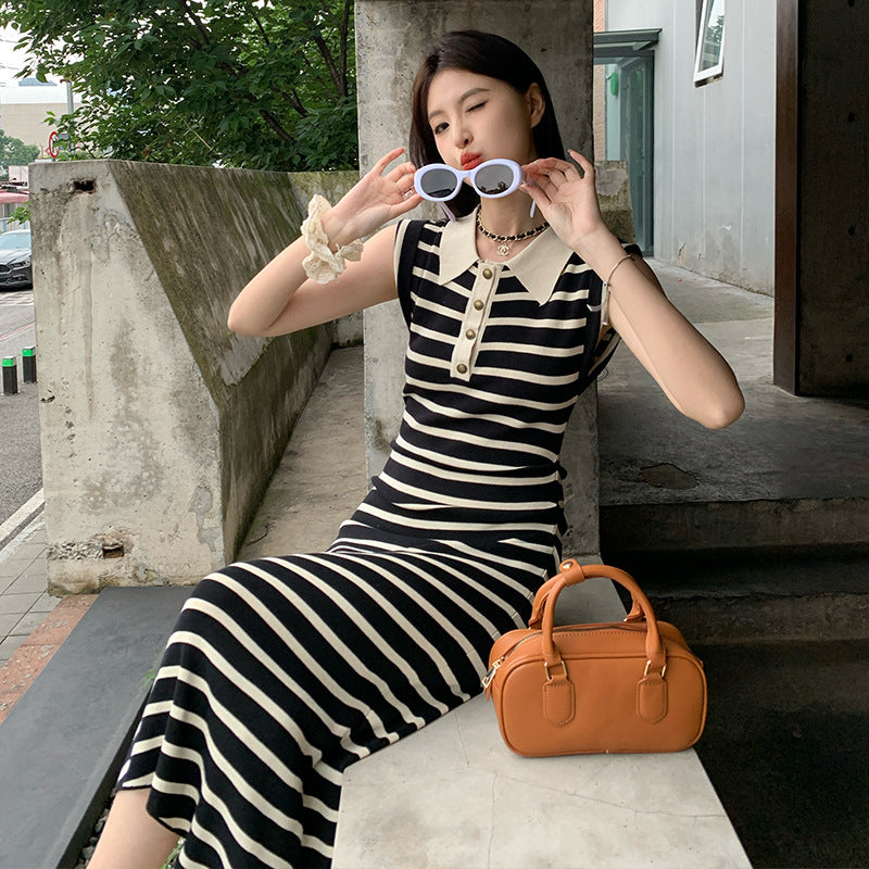 2025 high-end temperament collar striped knitted dress women's summer new temperament thin dress