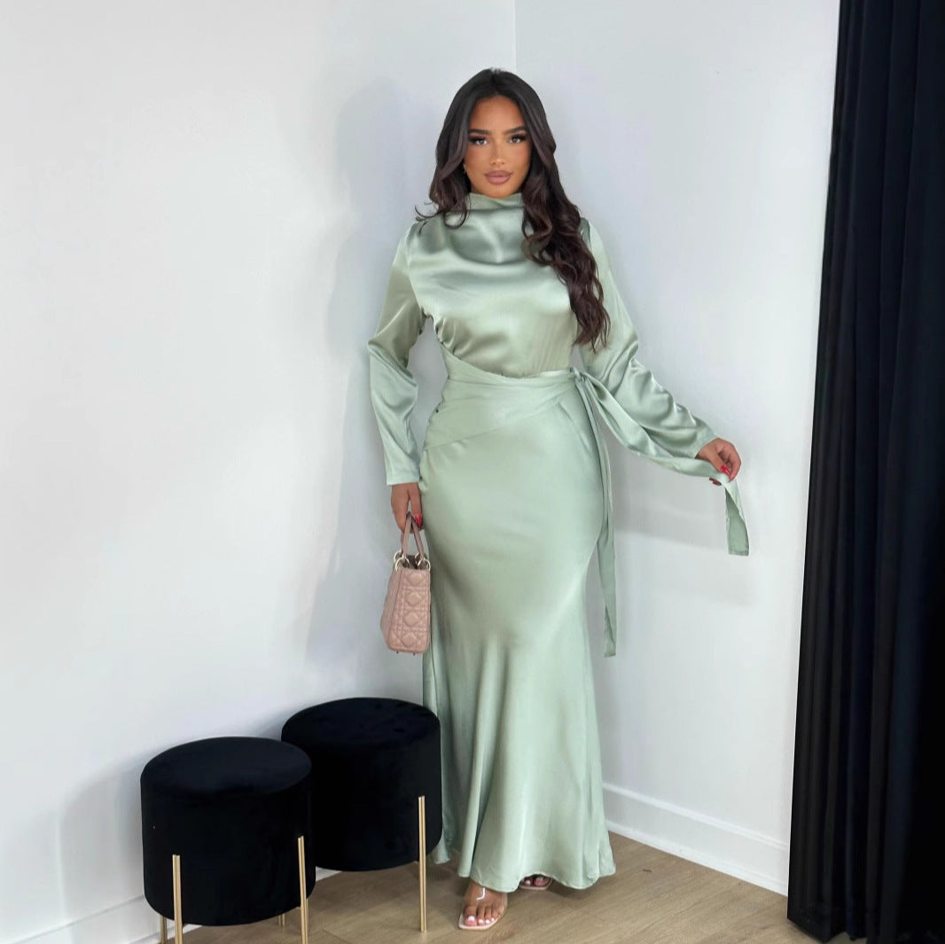 2025 popular autumn and winter new New Popular trade women's clothing independent station ebay Middle East hip-wrapped satin evening dress
