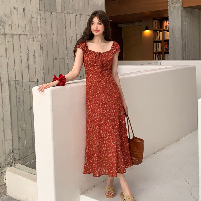 2025 Thirteen Lines Spring and Summer New Temperament Printed Retro High Waist Short Sleeve Dress Children 88033