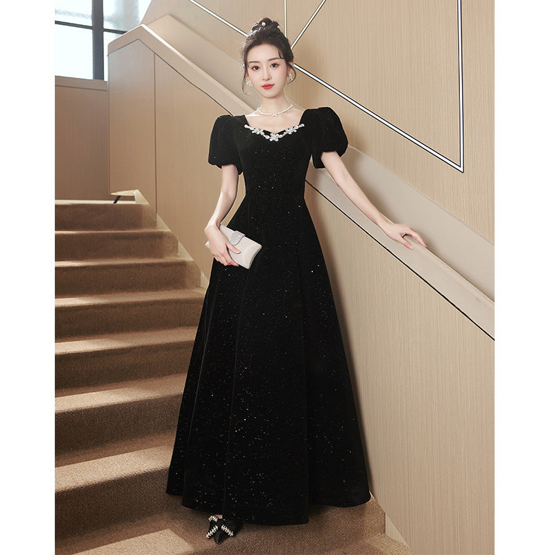 2025 Black evening dress dress, female banquet temperament, light luxury, niche, high-end art examination performance, Hepburn host, high sense