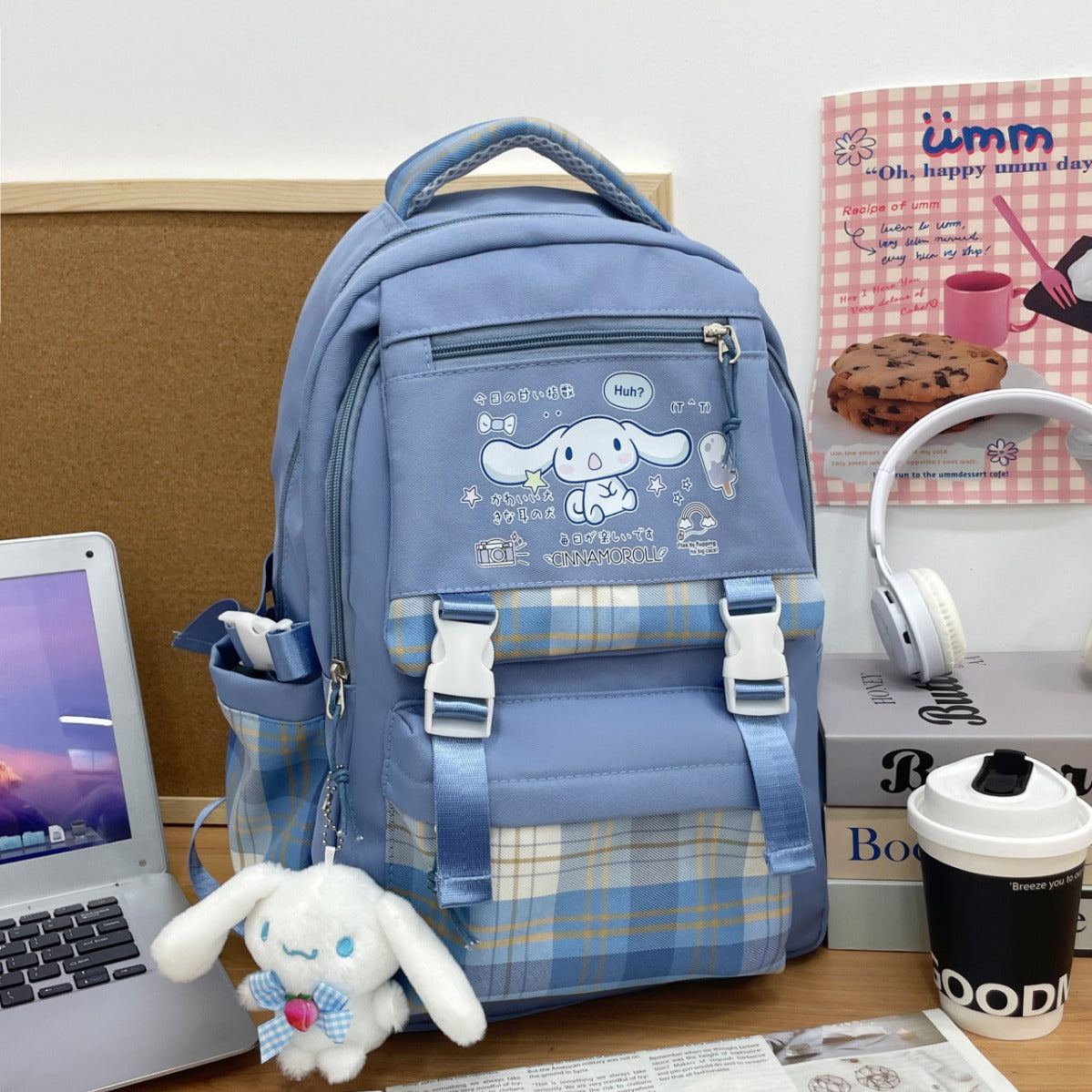 Printed Sanrio Schoolbag Large-Capacity Backpack Plaid Color Matching Backpack Medium and Large Student Campus Backpack Primary School Students