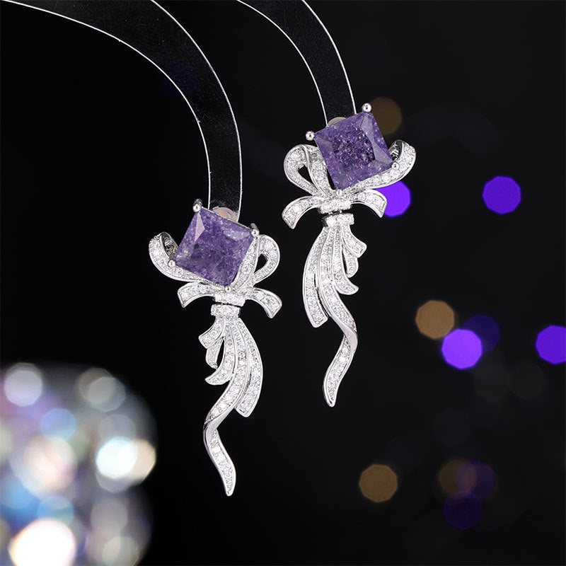 2025 New 2025 New temperament bow earrings women's ice zirconium sugar cube sweet earrings light luxury S925 silver needle earrings
