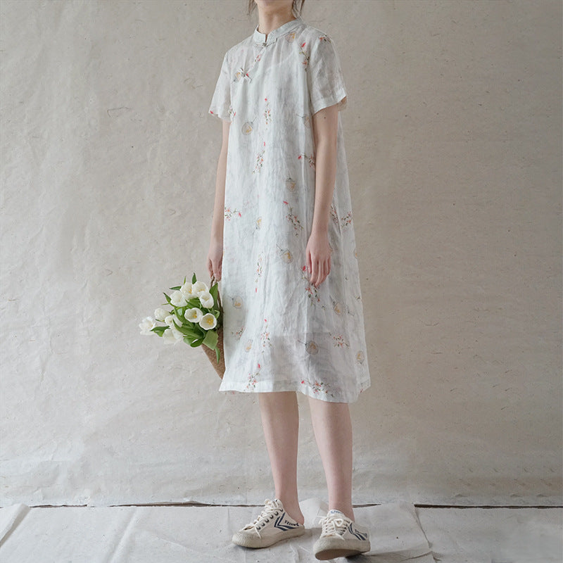 literary and artistic light Chinese style printed ramie cheongsam retro Republic of China thin and versatile dress L21088