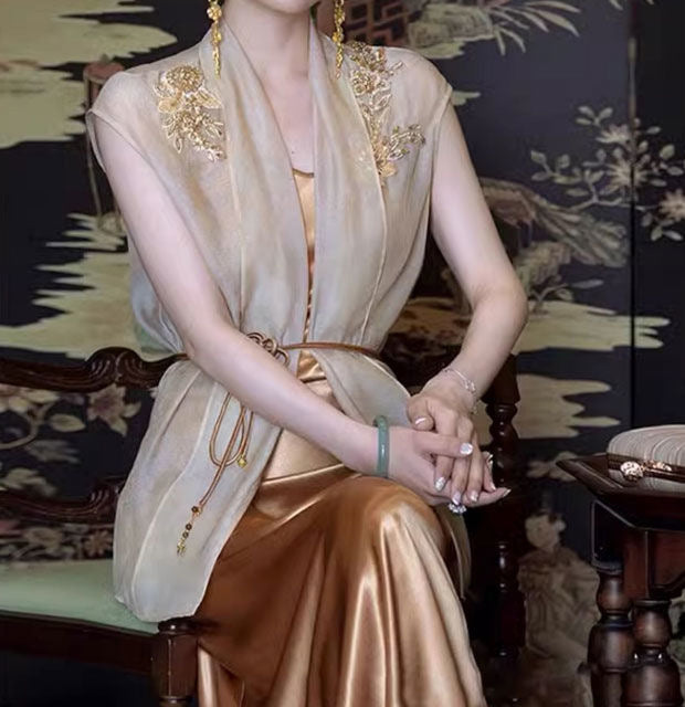 2025 popular popular beautiful new Chinese style gold sunscreen tulle shirt acetic acid suspender skirt two-piece suit women's summer