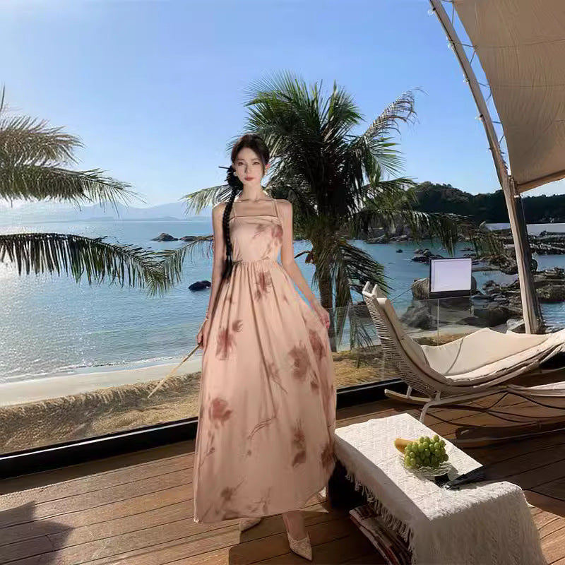 2025 Sanya travel wear seaside beach skirt female super fairy photo Mori halter suspender dress vacation dress