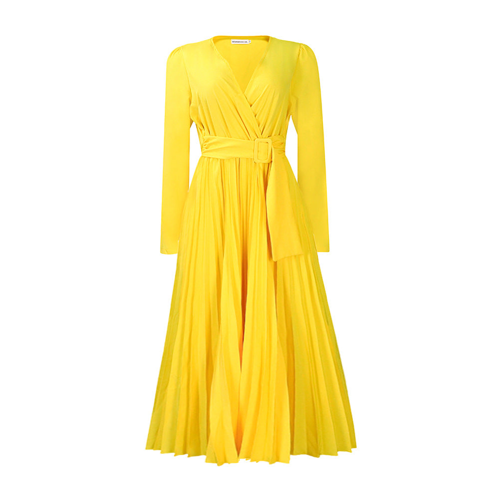 BENPAOLV D419 2025 women's clothing new long-sleeved lace-up solid color V-neck slim-fitting pleated large-size African dress