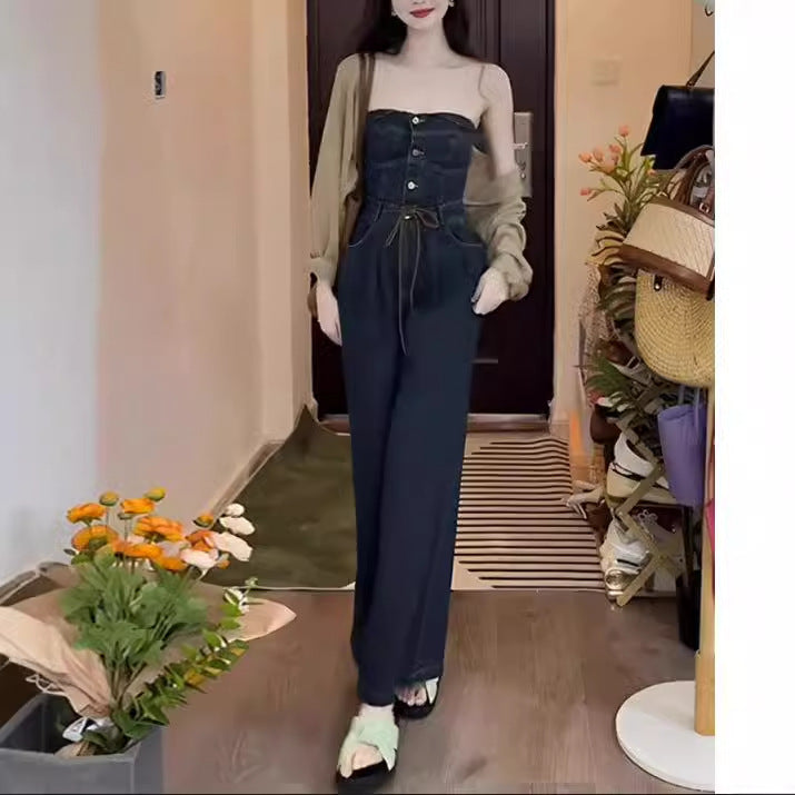 South Korea Dongdaemun anti-wrinkle Korean version of retro dark blue new tube top casual straight drawstring waist one-piece jeans