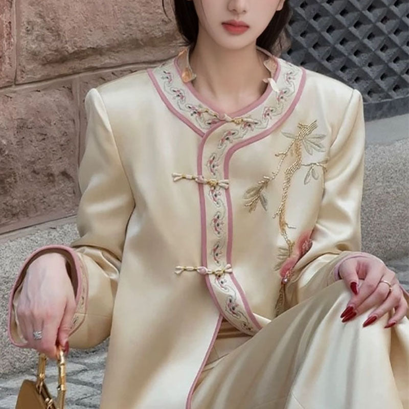 New Chinese style exquisite buckle heavy industry embroidery design sense acetic acid straight skirt jacket set female N1010