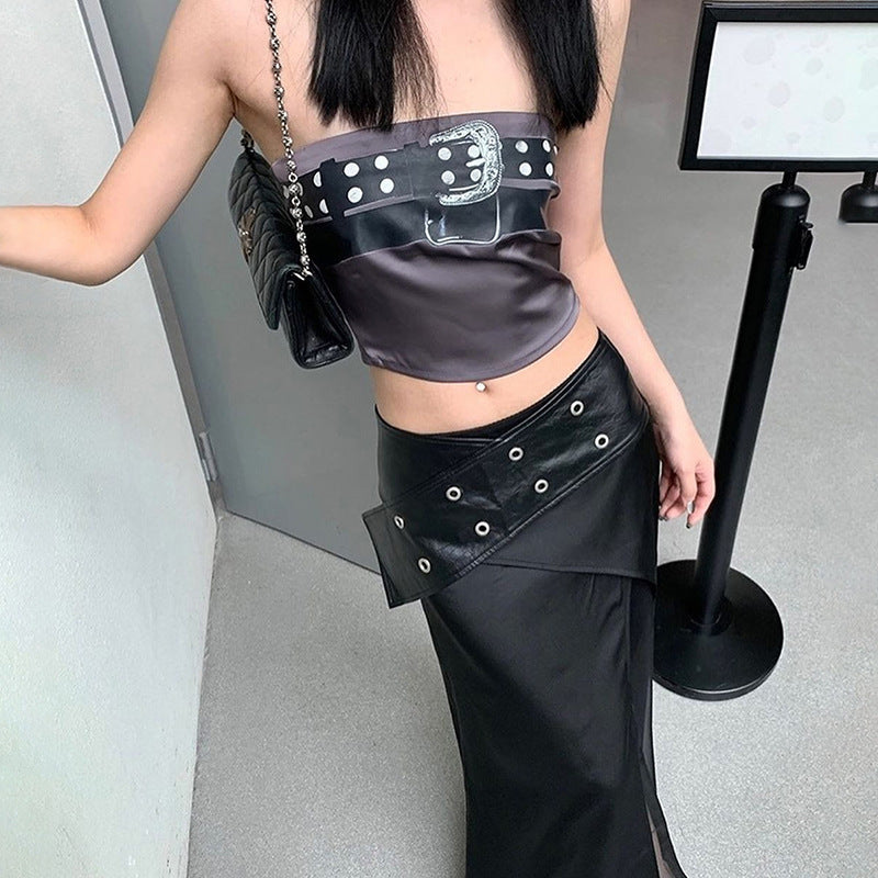 2025 style popular summer new women's clothing leather buckle printing chest wrap small vest belt slit skirt