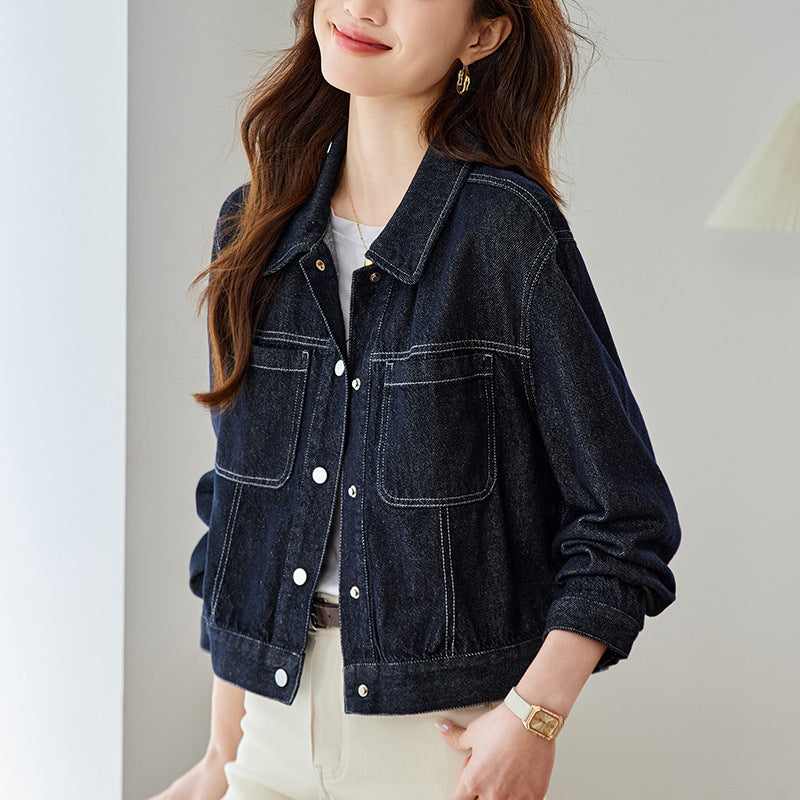 direct sales denim short jacket women's long sleeves spring and autumn clothing new small man stacked wear front shoulder lapel top