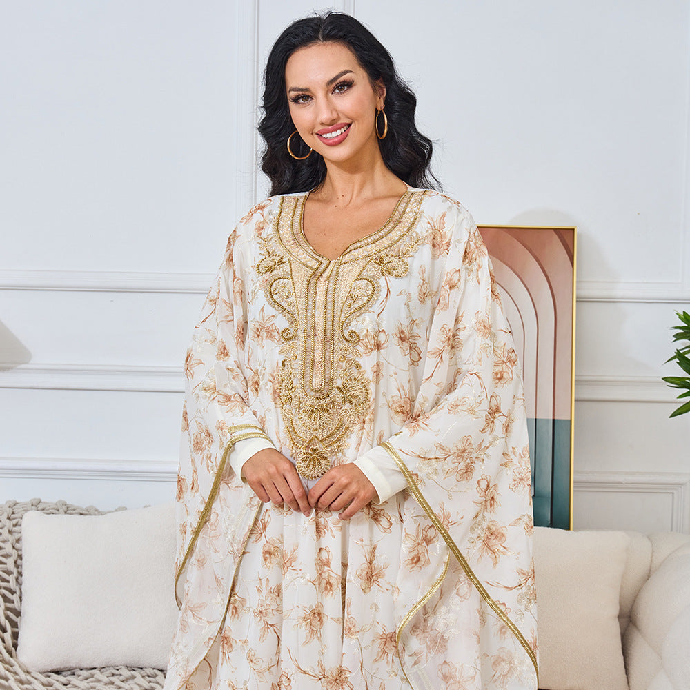 Summer new Muslim Middle Eastern robe women's embroidered beaded collar dress Dubai women's long dress dress