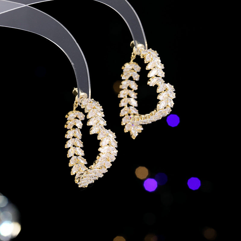 2025 Light luxury front and rear wear high-end super flash zircon earrings, simple and versatile super flash zircon wheat ear heart-shaped earrings for women