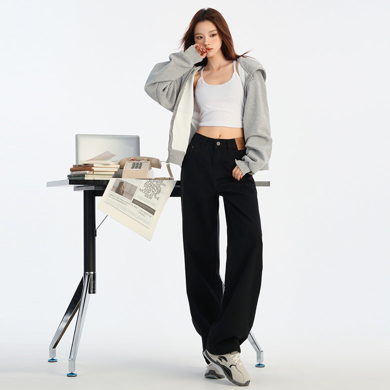 2025 Meixuan n high street black straight jeans women's autumn and winter high waist loose and thin wide-leg pants wholesale