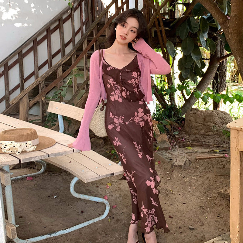 2025 spring new pure desire wind high waist suspender dress printed pure desire vacation skirt 88223