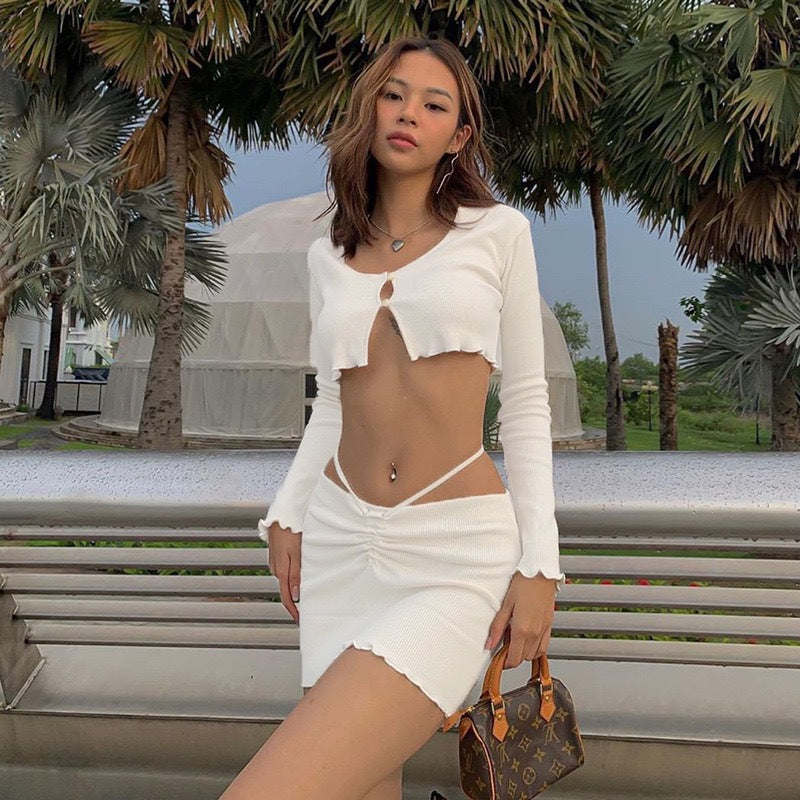 BENPAOLV 2025 spring and summer new New women's clothing long-sleeved cross-strap off-the-button fungus edge T-shirt short skirt set