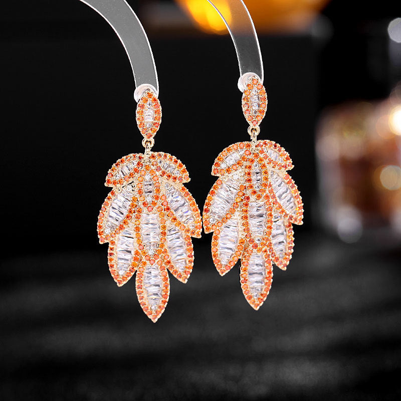 2025 Celebrity temperament light luxury super flash zircon inlaid earrings women's high sense multi-layer leaves exaggerated atmosphere heavy industry earrings