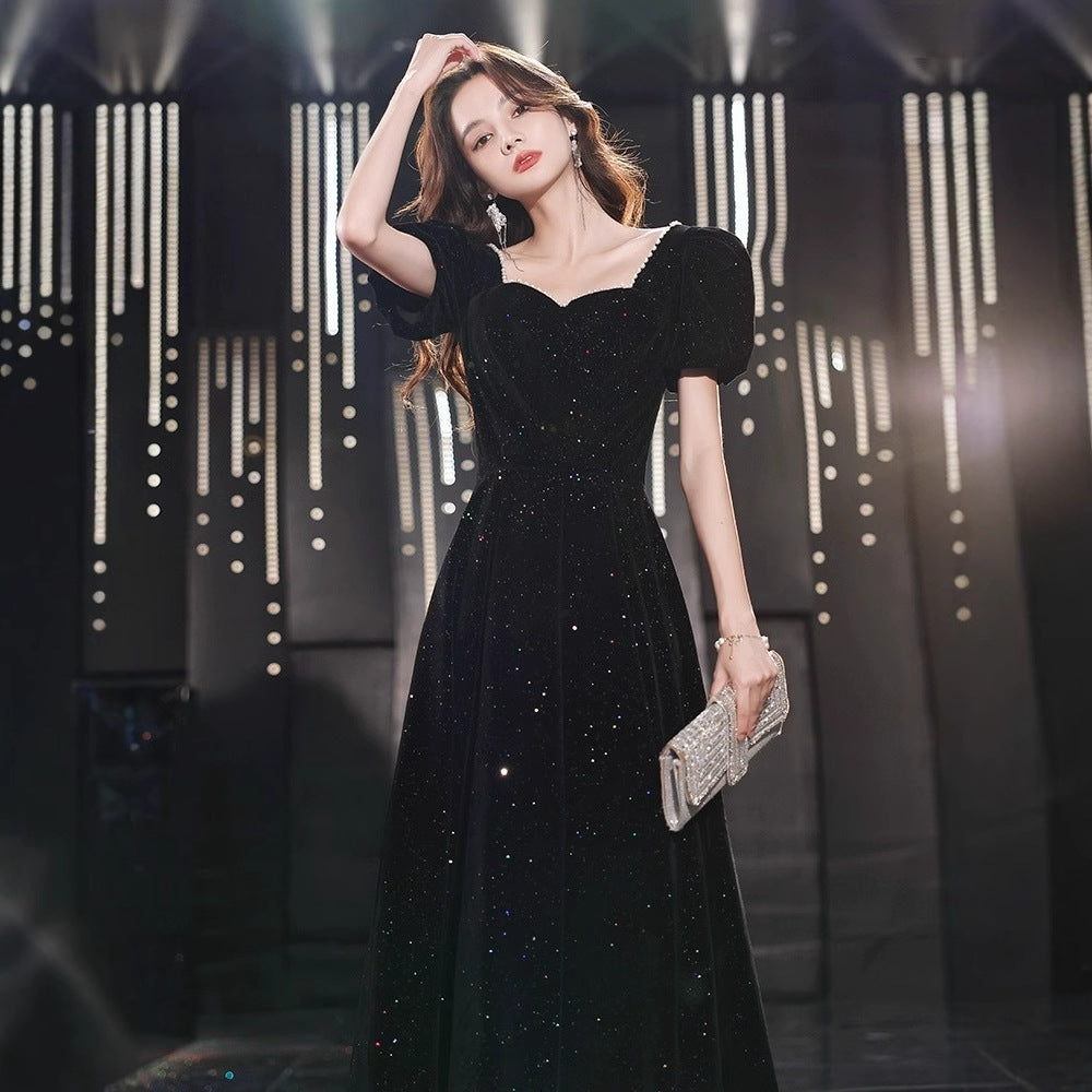 2025 Black evening dress dress, female banquet temperament, light luxury, niche, high-end art examination performance, Hepburn host, high sense