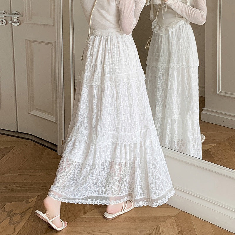 White lace skirt 2025 new design sense embroidered princess tutu skirt casual cake long skirt women's Popular trade