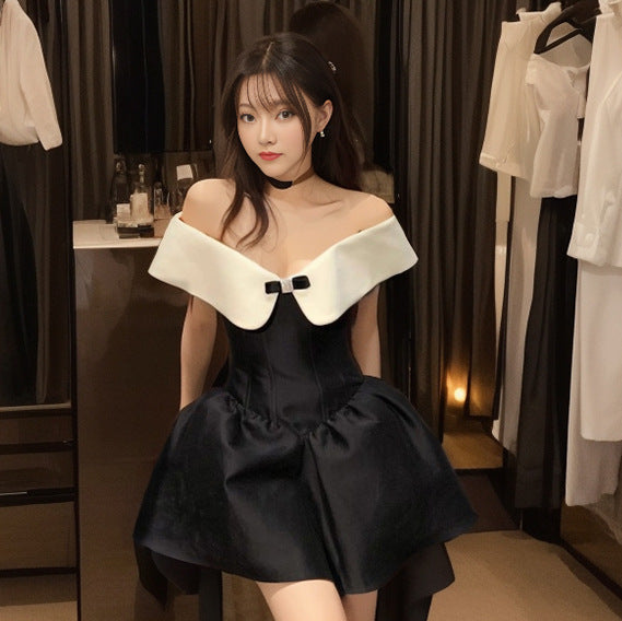 one-word shoulder tube top small black dress female niche design sense black temperament fairy fluffy dress L1005