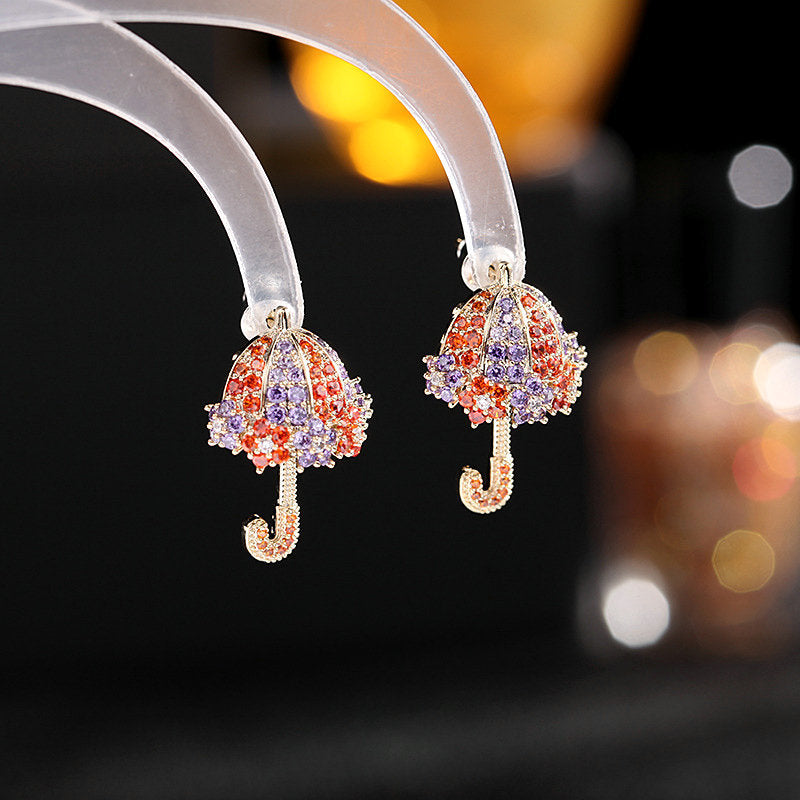 2025 S925 silver needle high-end earrings color zircon inlay fashion personality creative niche design small umbrella stud earrings