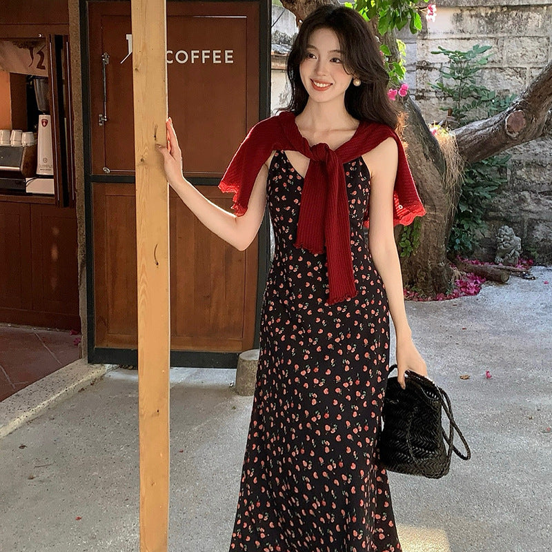2025 Spring New Vintage High Waist Suspender Dress Sub-print Pure Desire Vacation Dress Women 88201
