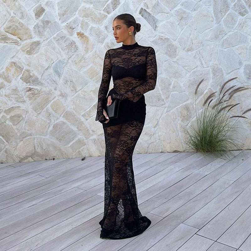 BENPAOLV 2025 popular Winter New Women's Clothing Sexy Spice Girls Semi-turtleneck Long Sleeve Jacquard Lace Perspective Dress