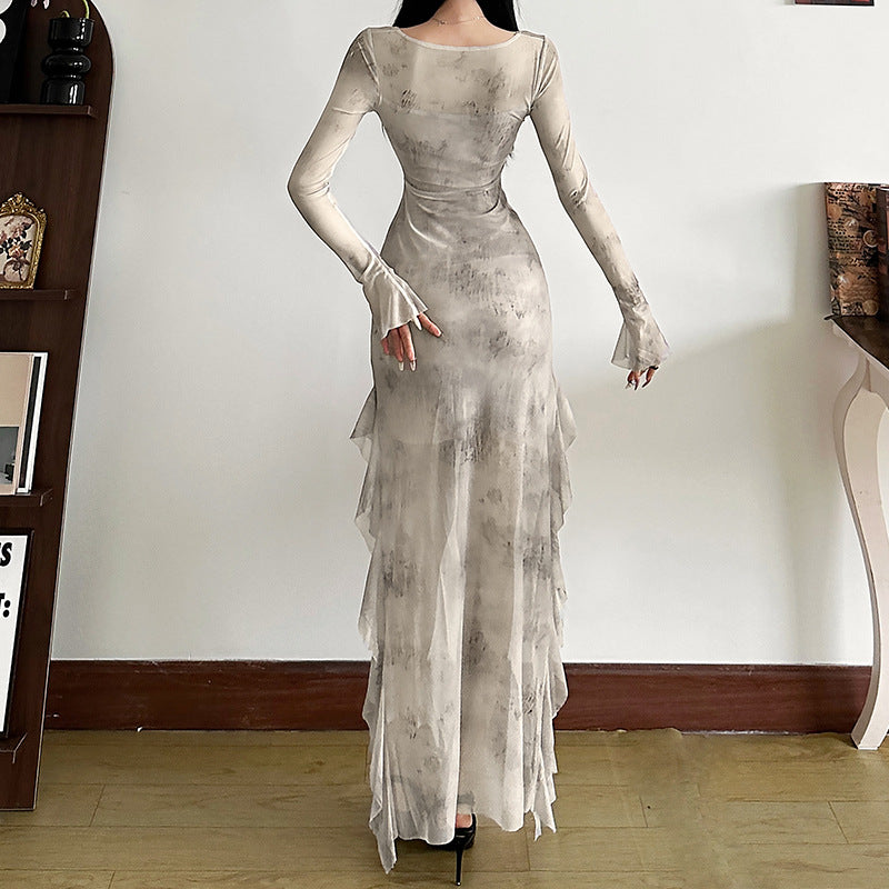 2025 style popular autumn new women's clothing new Chinese style printing slim waist high split dress