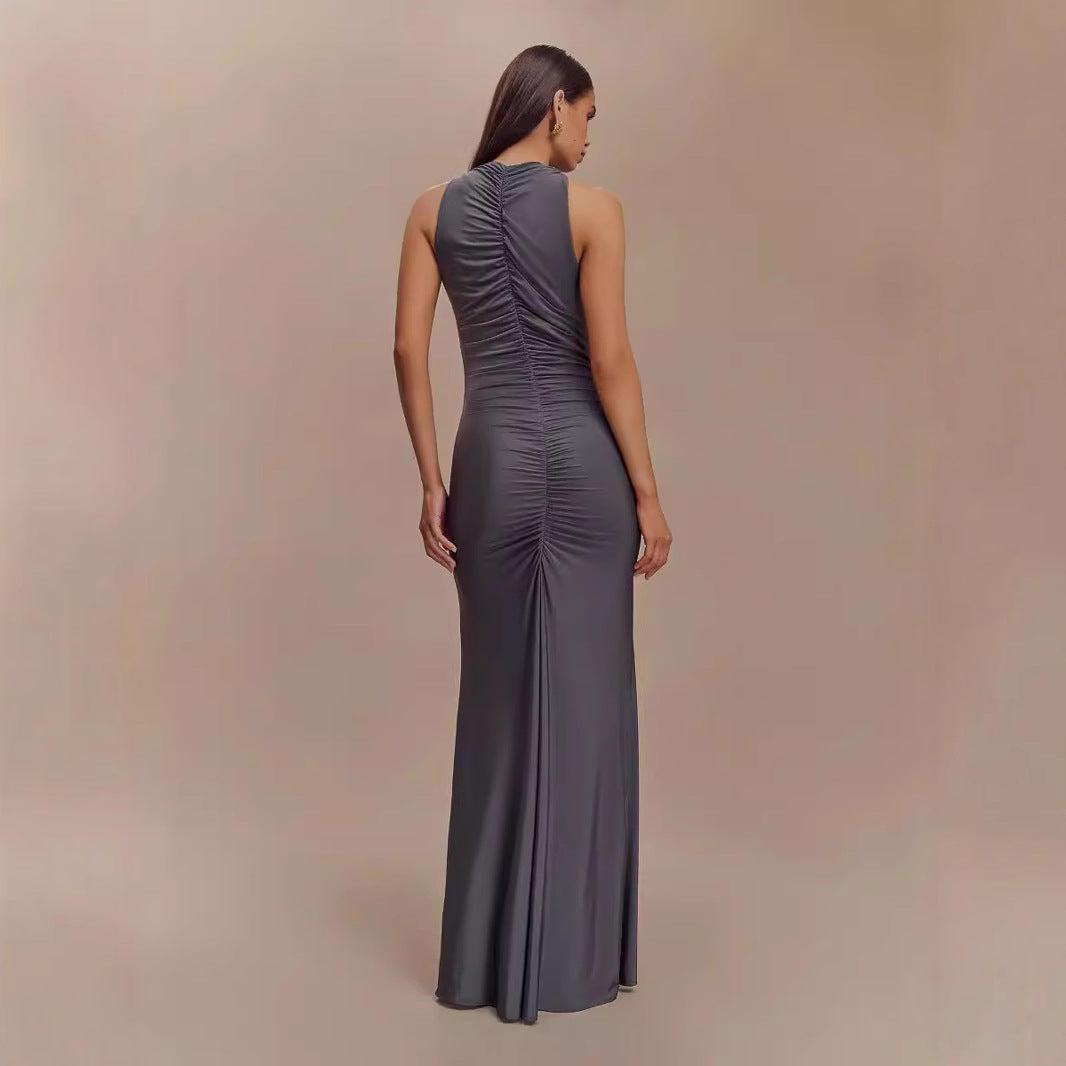 BENPAOLV 2025 Women's New style fashion autumn and winter new sleeveless pleated temperament solid color hip-wrapped long dress women
