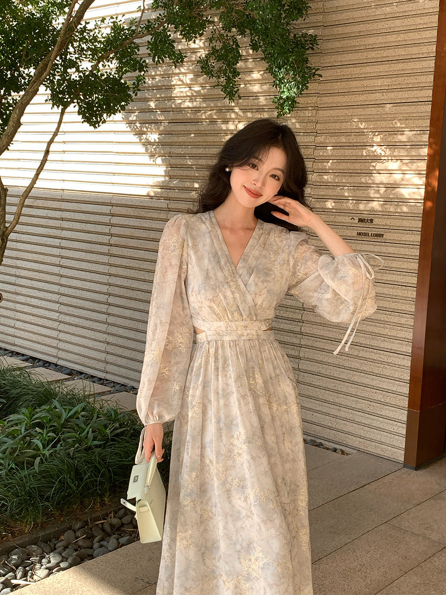 2025 spring new temperament print hollow high waist long sleeve thin dress 88189