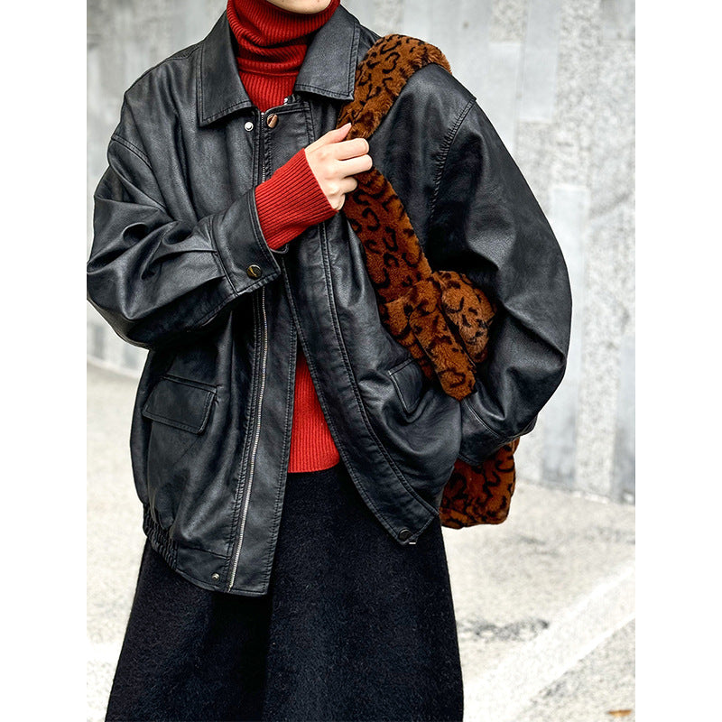 2025 popular winter new retro washed solid color leather jacket PU jacket windproof fashion short coat 3215-1