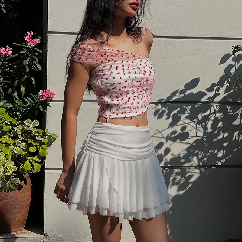2025 style 2025 spring new women's clothing off-the-shoulder red polka dot top, high waist and thin pleated skirt