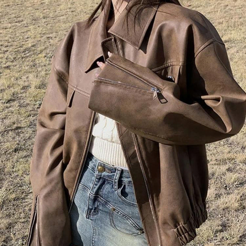 2025 spring clothing new popular locomotive clothing high sense super good-looking coffee leather jacket short jacket thin women