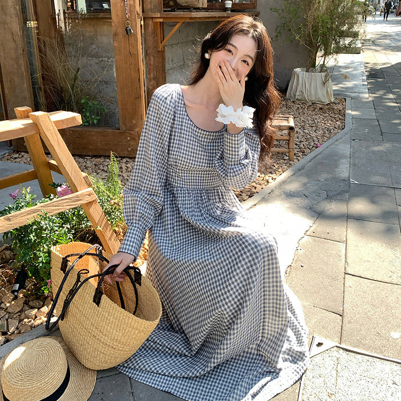 2025 Spring New Temperament Plaid Retro High Waist Long Sleeve Skinny Dress 88220