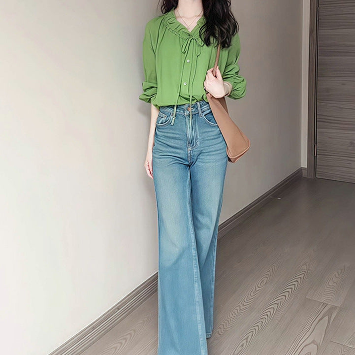 Green v-neck fungus edge bow strap loose long-sleeved T-shirt summer 2025 fashion wear design top