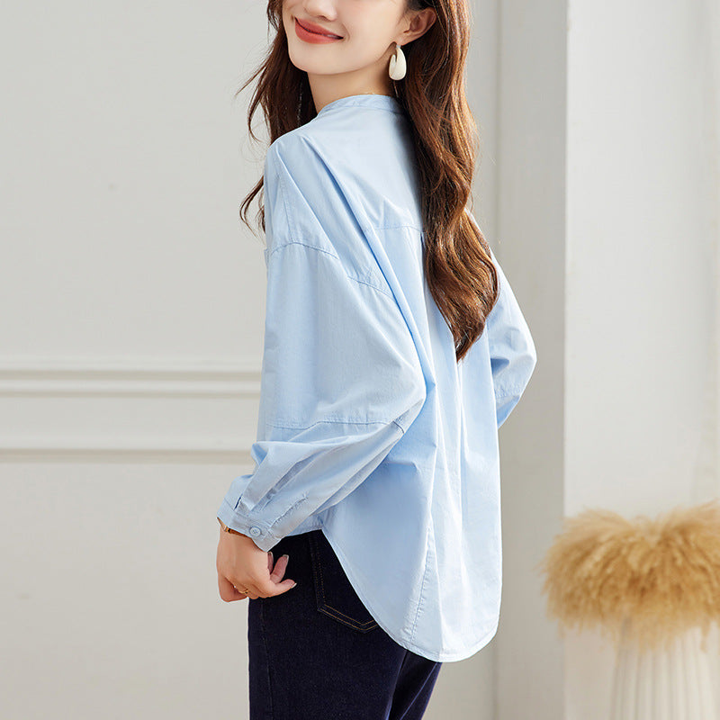 direct sales blue round neck long-sleeved shirt women's spring clothing new temperament commuter design loose top