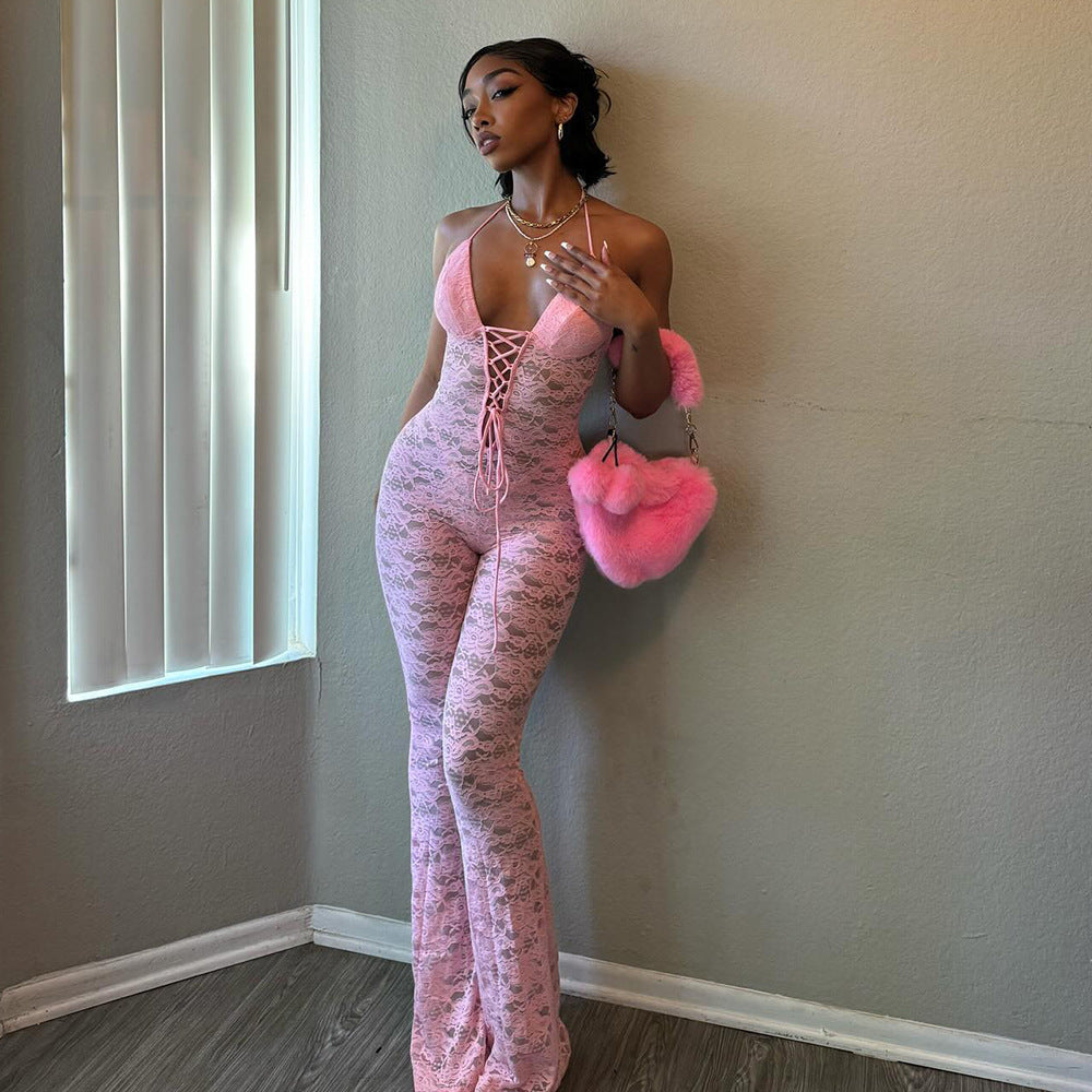 2025 New spring new sexy fashion hollow lace perspective backless neck slim jumpsuit women's summer