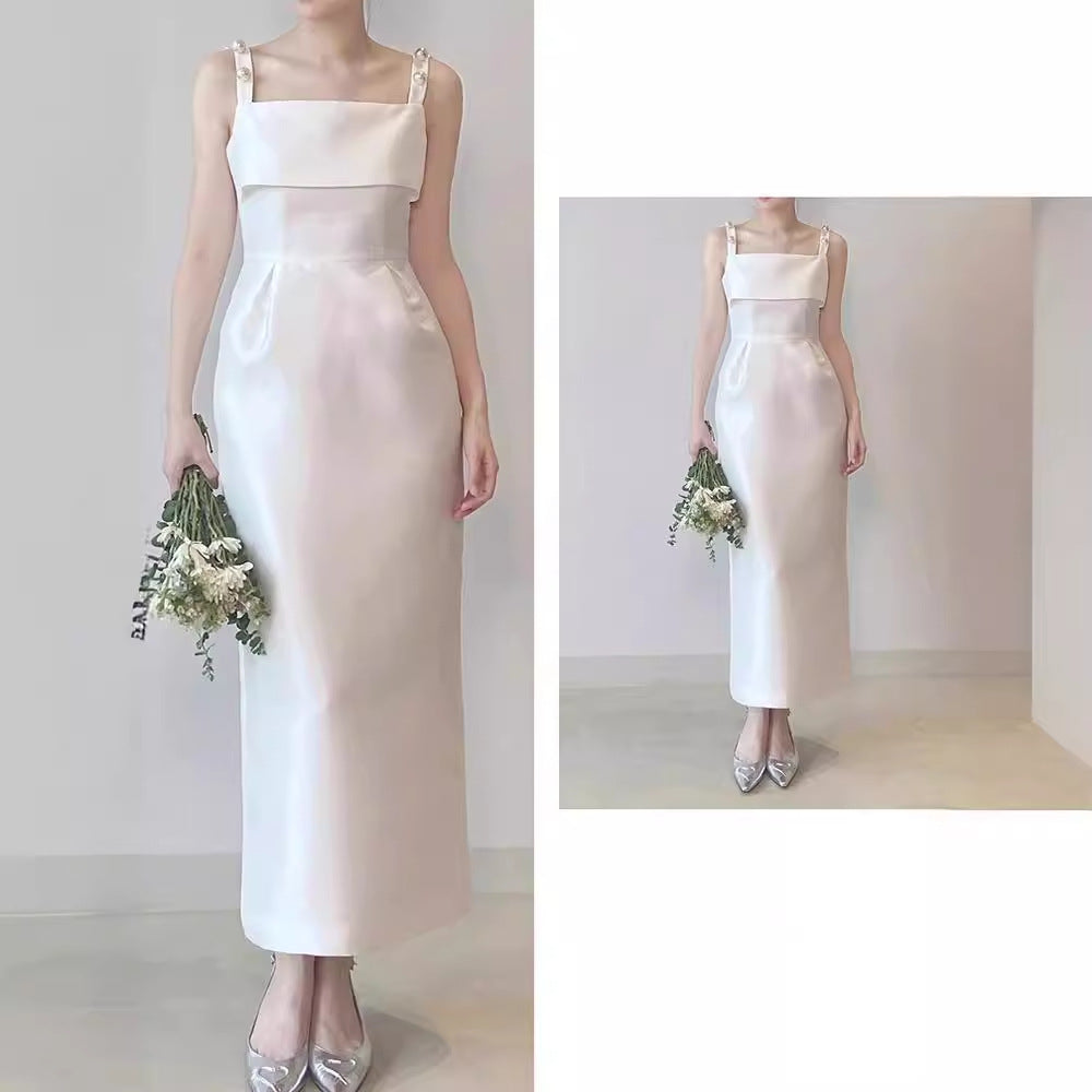 2025 retro suspender light wedding dress small satin engagement dress certificate registration dress daily wear