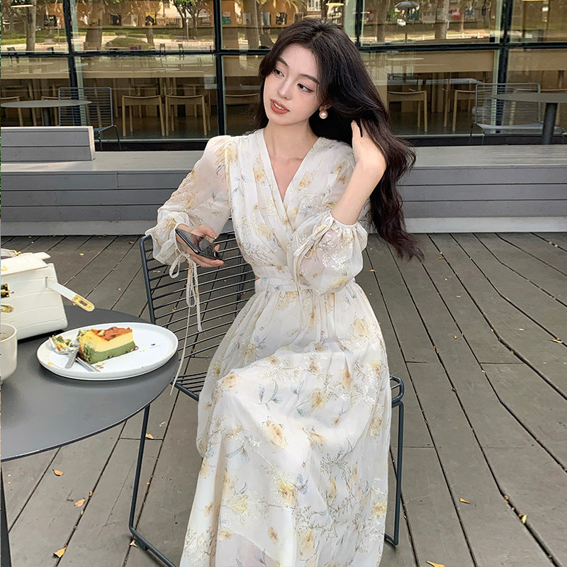 2025 spring new temperament print hollow high waist long sleeve thin dress 88189