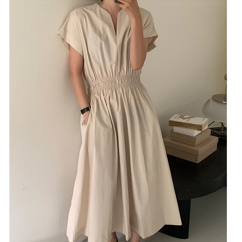 2025 summer new commuter paper person temperament thin V-neck simple one-sleeved waist dress long skirt