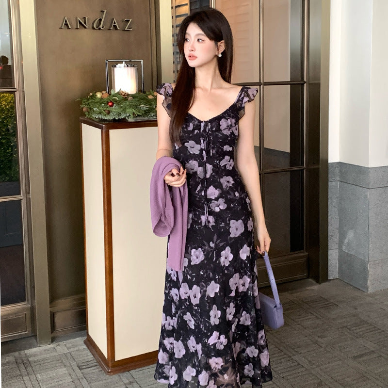 2025 Thirteen Lines Spring New Retro Temperament Printing Pure Desire High Waist Suspender Dress Women 88250