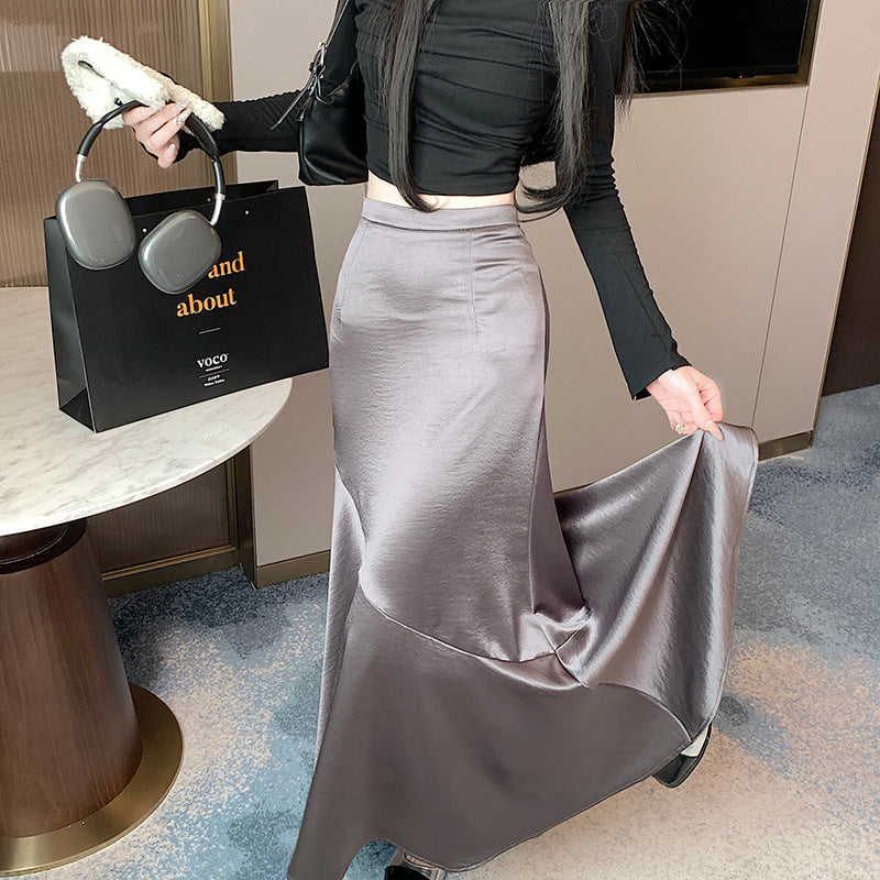 Satin skirt large size fat MM2025 spring and summer new fashion splicing fishtail skirt high waist long skirt Popular trade