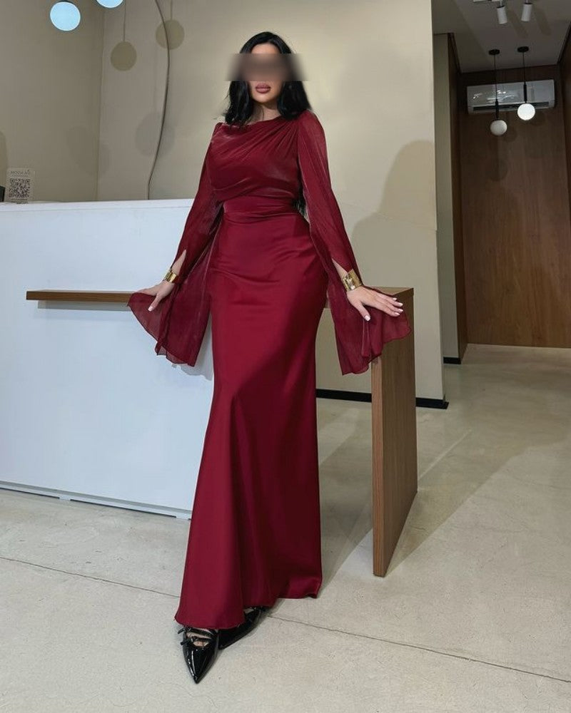 2025 popular autumn and winter New Popular trade women's clothing independent station ebay Middle East hip-wrapped satin bright yarn evening dress