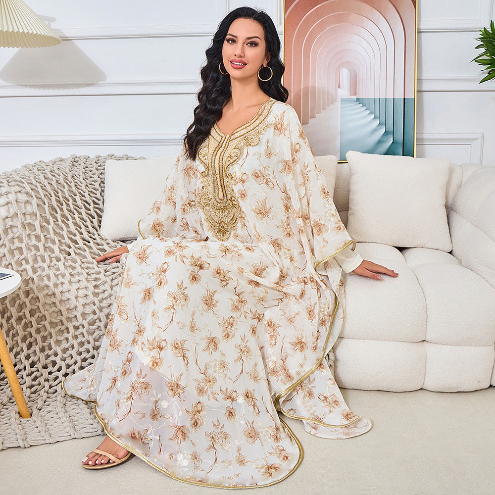 Summer new Muslim Middle Eastern robe women's embroidered beaded collar dress Dubai women's long dress dress